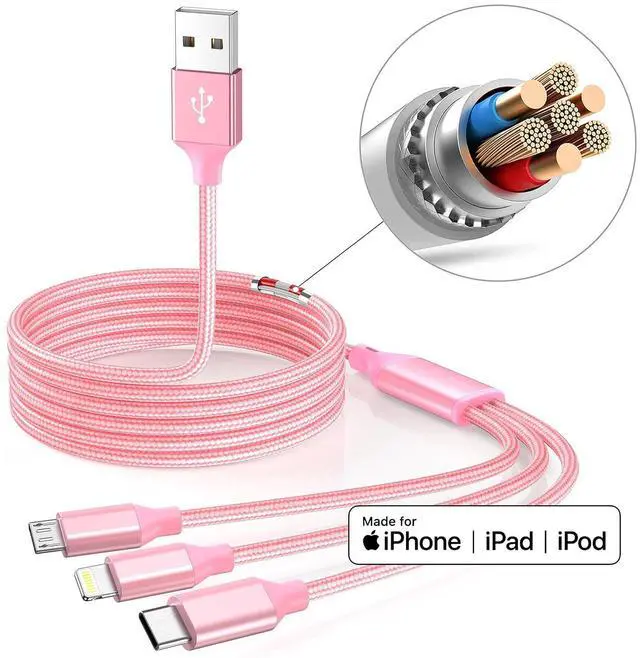 Alt view image 12 of 14 - Multiple Charger Cable 3Pack 4FT Multi Charging Cable Rapid Nylon Braided Cord USB Charging Cable 3 in 1 Multi Phone Charger Cord with Type C Micro Lightning USB Connectors for Cell Phones Pink
