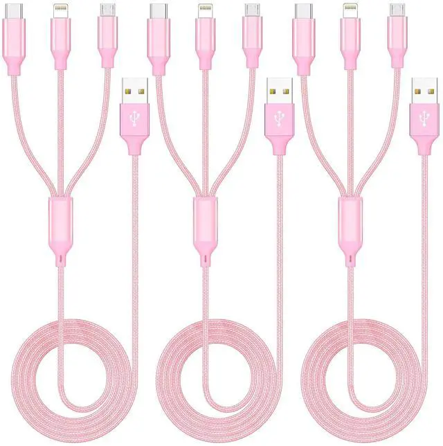 Alt view image 8 of 14 - Multiple Charger Cable 3Pack 4FT Multi Charging Cable Rapid Nylon Braided Cord USB Charging Cable 3 in 1 Multi Phone Charger Cord with Type C Micro Lightning USB Connectors for Cell Phones Pink