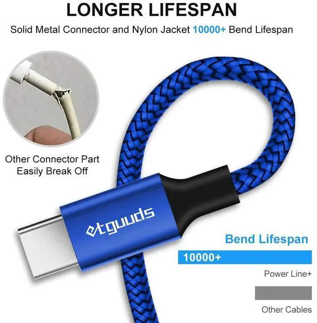 Alt view image 11 of 12 - etguuds USB C Cable 15ft, Extra Long USB Type C Cable Fast Charge USB-A 2.0 to USB-C Charger Cable, Premium Nylon Braided Charging Cord - Blue