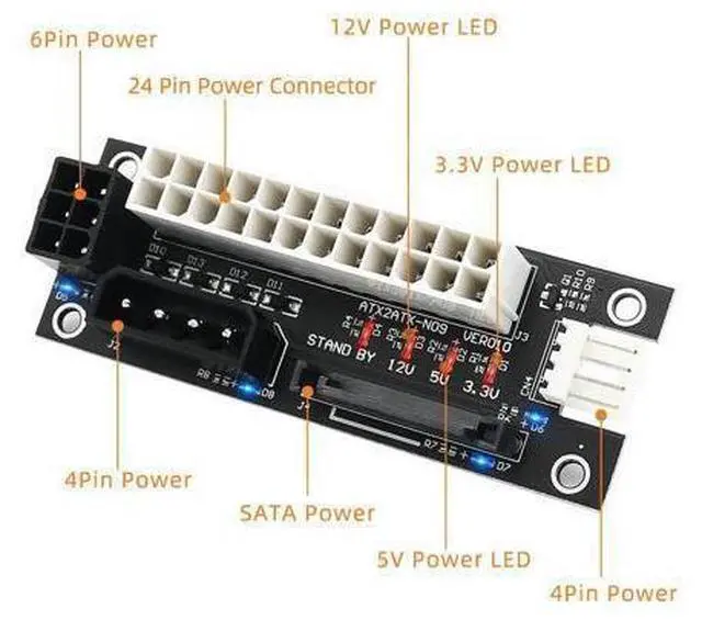 Alt view image 5 of 6 - Dual PSU Power Adapter ATX 24Pin to Molex 4Pin/SATA/6Pin Power Supply Board Sync Extender Cable Add2psu for Graphics Card Mining