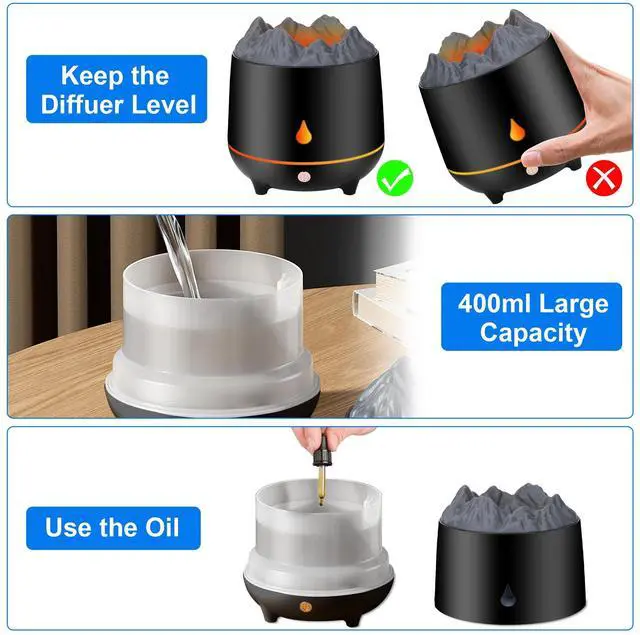 Alt view image 9 of 14 - 3D Flame LED Light Air Humidifier - 400ml Air Humidifier Essential Oil Diffuser with Flame Effect for Home, Office, Spa, Gym (BlacK)
