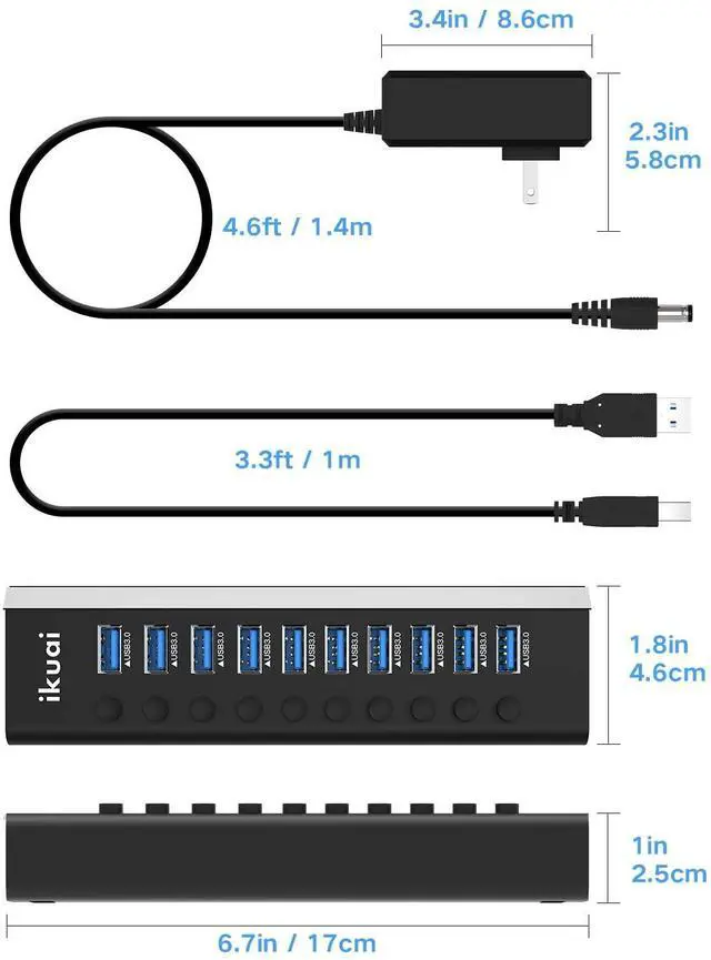 Alt view image 12 of 14 - Powered USB Hub 3.0, 10 Port USB 3.0 Data Hub Aluminum USB Splitter with 36W(12V/3A) Power Adapter and Individual On/Off Switches (Black)