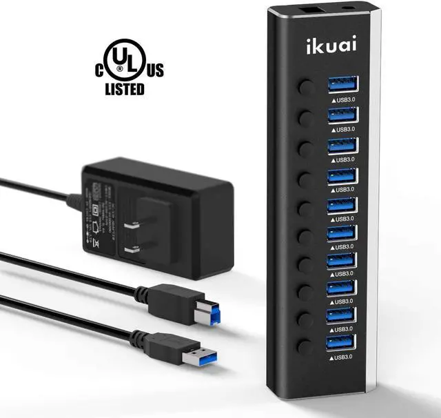 Alt view image 8 of 14 - Powered USB Hub 3.0, 10 Port USB 3.0 Data Hub Aluminum USB Splitter with 36W(12V/3A) Power Adapter and Individual On/Off Switches (Black)