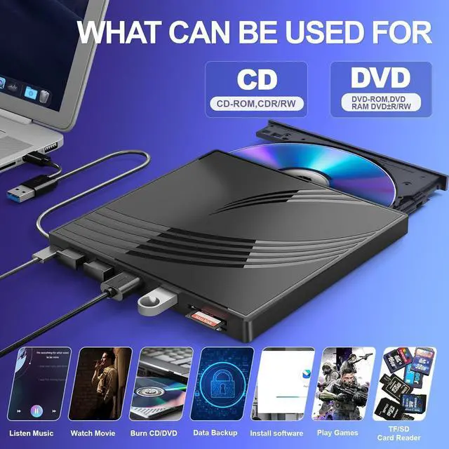 Alt view image 10 of 14 - External CD/DVD Drive for Laptop, Ultra Slim CD Burner USB 3.0 Hub with 4 USB Ports, 2 TF/SD Card Slots,1 Type-C Port,DVD Player for Laptop Compatible with mac OS/Windows/Linux