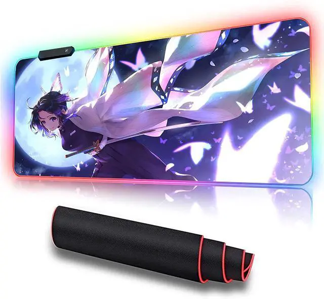 Alt view image 8 of 14 - RGB Anime Mouse Pad Demon Slayer Shinobu Custom Mousepad with Stitched Edge Frame & Non-Slip Rubber Base,Long Laptop Glowing Desk Pad,Computer Keyboard and Mice Pads Mouse Mat 31.5X15.7 inch