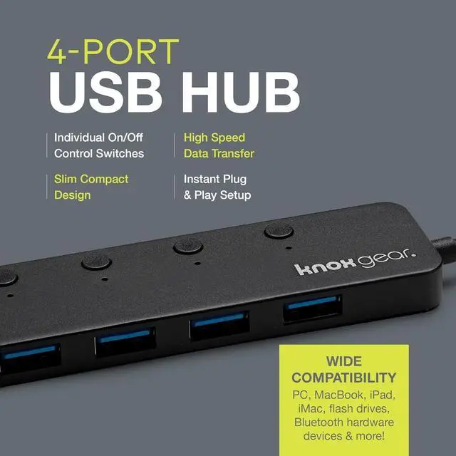 Alt view image 9 of 14 - Knox Gear USB 3.0 Hub - 4 Port USB Hub 3.0 - Powered USB Hub for Mac Laptop, PC, PS4, Xbox, TV - Multiple USB 3 Hub for Desktop - Multi USB Port Expander - Small Mini USB Splitter USB Multiport Dock