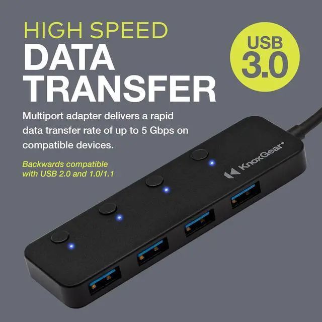 Alt view image 11 of 14 - Knox Gear USB 3.0 Hub - 4 Port USB Hub 3.0 - Powered USB Hub for Mac Laptop, PC, PS4, Xbox, TV - Multiple USB 3 Hub for Desktop - Multi USB Port Expander - Small Mini USB Splitter USB Multiport Dock