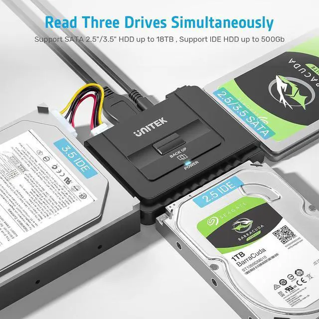 Alt view image 8 of 12 - Unitek USB 3.0 to IDE and SATA Converter External Hard Drive Adapter Kit for Universal 2.5/3.5 HDD/SSD Hard Drive Disk, One Touch Backup Function, Included 12V/2A Power Adapter