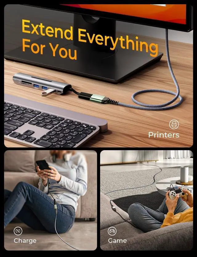 Alt view image 12 of 14 - AINOPE USB Extension Cable,USB Extender,USB 3.0 Extension Cable, Male to Female Cord High Data Transfer Compatible with Webcam,USB Keyboard,Flash Drive,Hard Drive,Printer,10FT,Grey