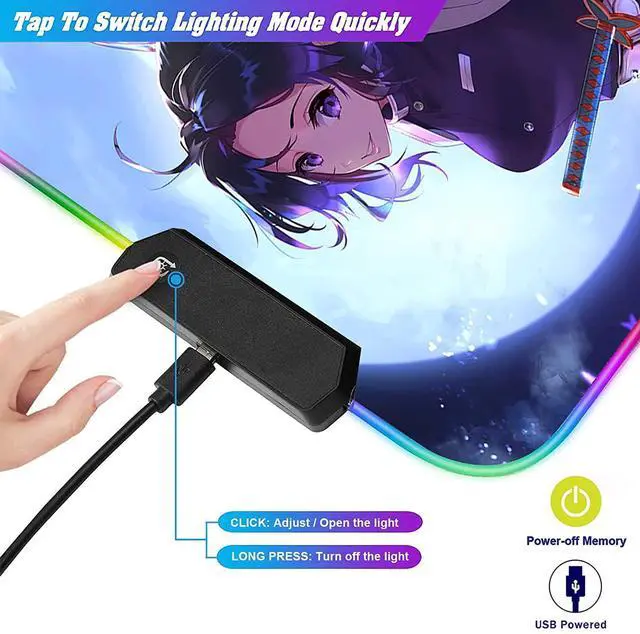 Alt view image 14 of 14 - RGB Anime Mouse Pad Demon Slayer Shinobu Custom Mousepad with Stitched Edge Frame & Non-Slip Rubber Base,Long Laptop Glowing Desk Pad,Computer Keyboard and Mice Pads Mouse Mat 31.5X15.7 inch