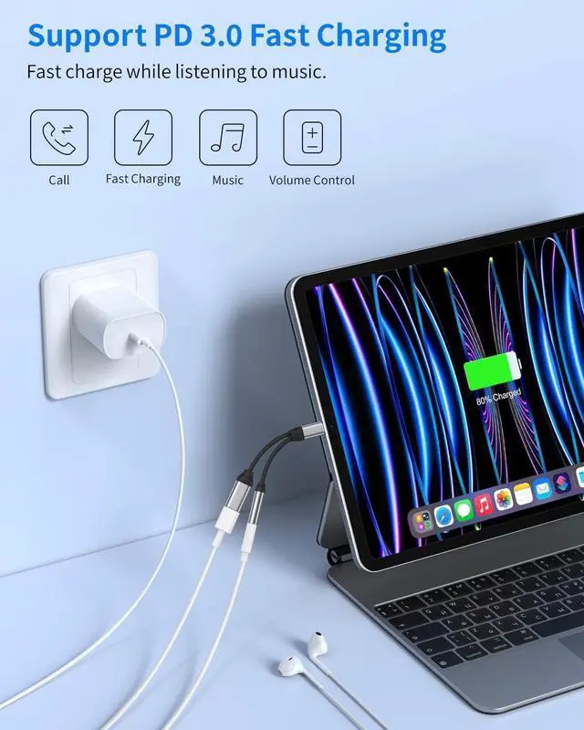 Alt view image 9 of 14 - USB C to 3.5mm Audio Adapter Aux to USB C Headphone and Charger Adapter 2-in-1 USB C Splitter with PD 60W Fast Charging Compatible with iPhone 15 Plus Pro Max Galaxy Note iPad Pro Pixel -Silver