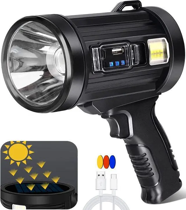 Alt view image 8 of 14 - 100000 Lumen Spotlight, Led Rechargeable Spotlight Flashlight with Tripod, 6 Modes and 3 Colors Filter, Super Bright Solar Spot Lights Outdoor Handheld for Hunting, Boating, Camping