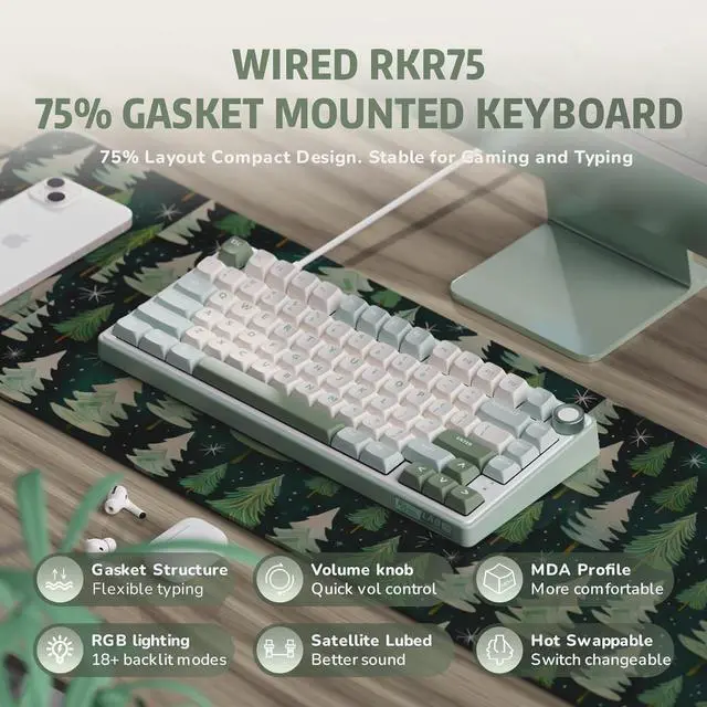 Alt view image 9 of 14 - RK ROYAL KLUDGE R75 Mechanical Keyboard Wired with Volume Knob, 75% Custom Gaming Keyboard Gasket Mount RGB Backlit with Software, MDA Profile, PBT Keycaps, Hot Swappable Linear Switch Creamy Sound