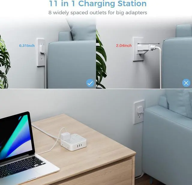 Alt view image 9 of 14 - Surge Protector Power Strip 15 Ft Cord, 8 Widely Spaced Outlets, 3 USB Charger(1 USB C Port), Ultra Thin Flat Plug Extension Cord 15 Feet, 900J Surge Protection for Home, Office, Dorm Room Essentials
