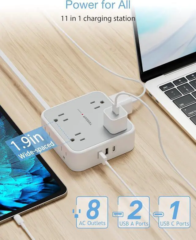 Alt view image 10 of 14 - Surge Protector Power Strip 15 Ft Cord, 8 Widely Spaced Outlets, 3 USB Charger(1 USB C Port), Ultra Thin Flat Plug Extension Cord 15 Feet, 900J Surge Protection for Home, Office, Dorm Room Essentials