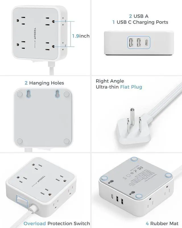 Alt view image 14 of 14 - Surge Protector Power Strip 15 Ft Cord, 8 Widely Spaced Outlets, 3 USB Charger(1 USB C Port), Ultra Thin Flat Plug Extension Cord 15 Feet, 900J Surge Protection for Home, Office, Dorm Room Essentials