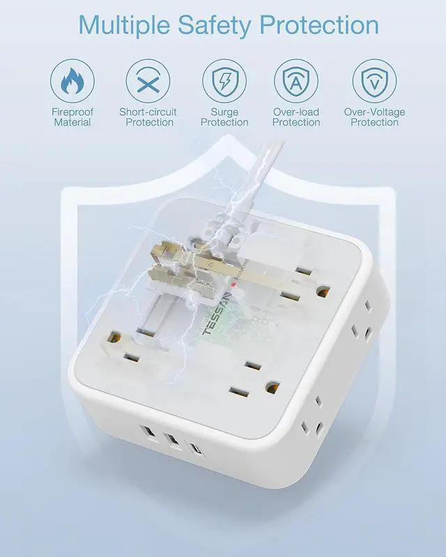 Alt view image 13 of 14 - Surge Protector Power Strip 15 Ft Cord, 8 Widely Spaced Outlets, 3 USB Charger(1 USB C Port), Ultra Thin Flat Plug Extension Cord 15 Feet, 900J Surge Protection for Home, Office, Dorm Room Essentials