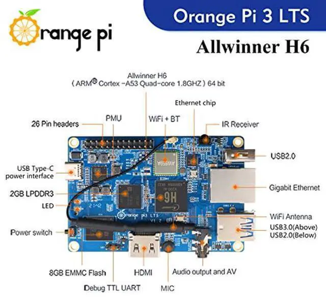 Alt view image 7 of 10 - Orange Pi 3 LTS Allwinner H6 2GB LPDDR3 8GB EMMC Flash Quad Core 64 Bit Single Board Computer 5V3A Type-C Support Android 9.0, Ubuntu, Debian Mini PC (PI3 LTS+ 3A Type-C Power Supply+Al Heat Sink)