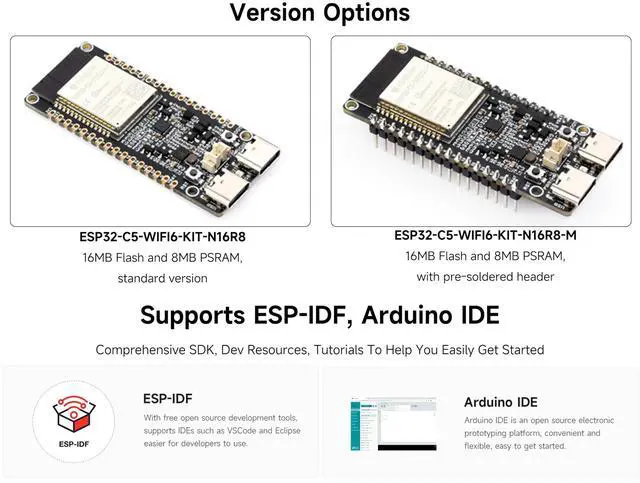 Alt view image 8 of 10 - ESP32-C5 Dual-Band Wi-Fi 6 Development Board (2.4GHz and 5GHz), 240MHz RISC-V Processor, ESP32-C5-WROOM-1 Series Module, Dual USB Type-C Ports, 16MB Flash and 8MB PSRAM, with Pre-Soldered Header