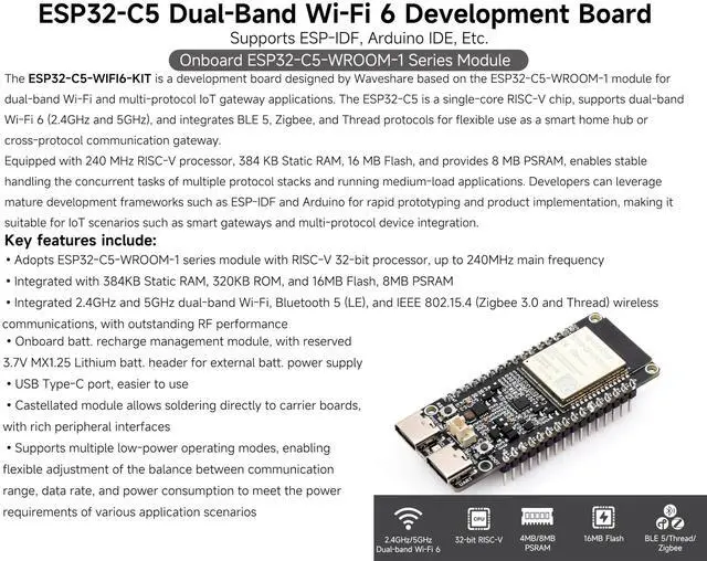 Alt view image 7 of 10 - ESP32-C5 Dual-Band Wi-Fi 6 Development Board (2.4GHz and 5GHz), 240MHz RISC-V Processor, ESP32-C5-WROOM-1 Series Module, Dual USB Type-C Ports, 16MB Flash and 8MB PSRAM, with Pre-Soldered Header