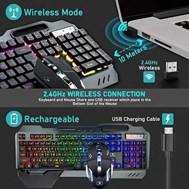 Alt view image 12 of 14 - Wireless Gaming Keyboard and Mouse with Rainbow LED 16RGB Backlit Rechargeable 4800mAh Battery Metal Panel Mechanical Ergonomic Feel Waterproof Dustproof 7 Color Mute Mice for Laptop PC Gamer(Black)