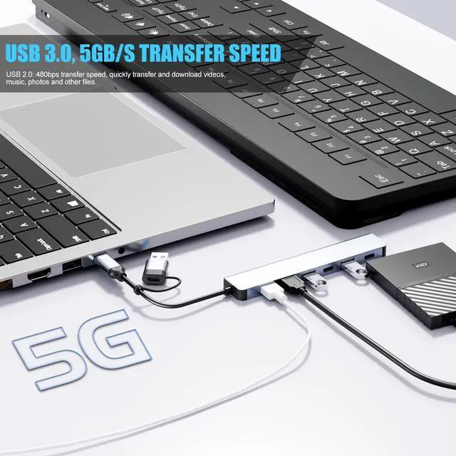 Alt view image 10 of 14 - Upgrade USB C/USB Hub Aluminum 7 in 1 USB C & USB Hub with USB 3.0 USB 2.0 Ports for PC/Laptops/MacBook Pro/Air/iMac/iPad and More Devices