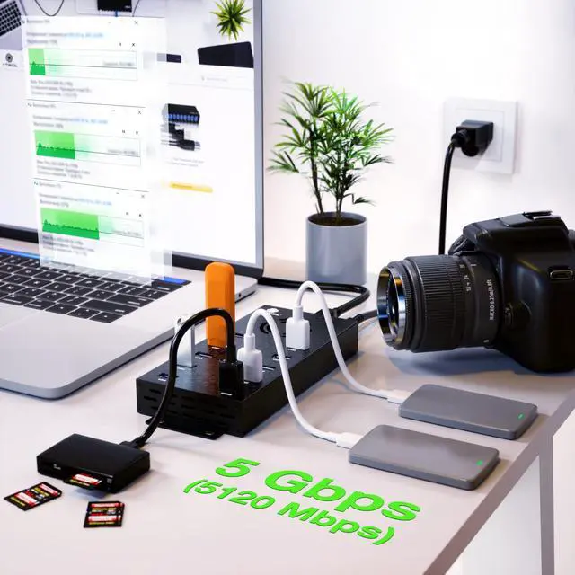 Alt view image 3 of 5 - USB 3 0 Hub - 10 Ports Powered USB Hub - Charging & High-Speed Data Transfer USB Expander Hub - up to 5Gbps High-Speed USB Splitter - Aluminum Alloy Multiple USB Port Hub for Laptop Phone Tablet PC