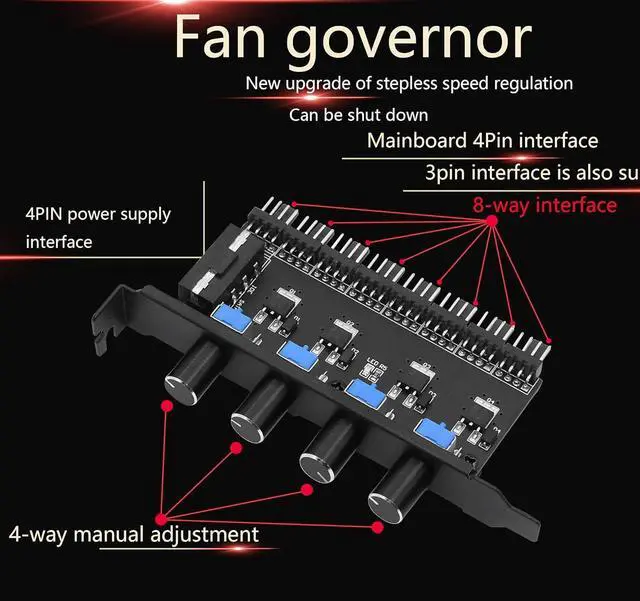 Alt view image 14 of 14 - SinLoon 4 Knob Cooling Fan Speed Controller PC 8 Channels Fan Hub for CPU Case HDD VGA PWM Fan PCI Bracket 12V Fan Control- 4Pin Interface Power Supply (4 Pin 4Knob)