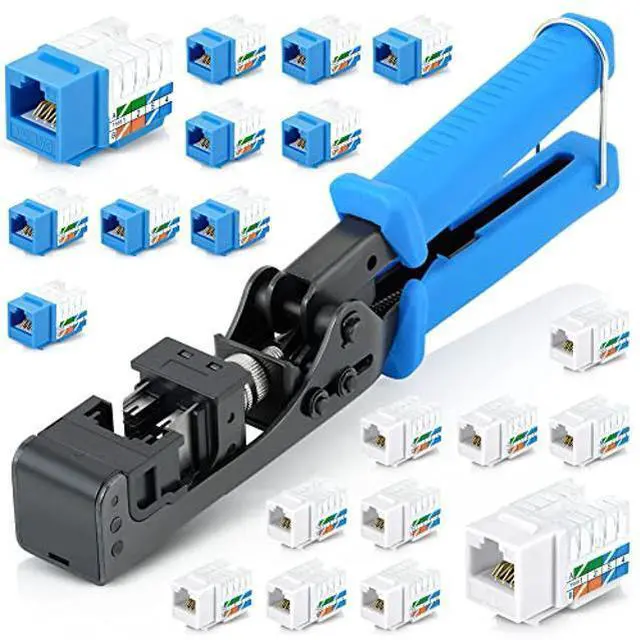 Alt view image 6 of 10 - Everest Media Solutions easyJACK (CAT6A Kit) - Speed Termination Tool, with 10 Blue & 10 White CAT6A Keystone Jacks - Punch Down Ethernet Crimper for EMS RJ45 UTP Female Connectors