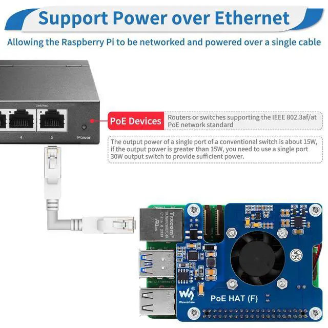 Alt view image 7 of 10 - MakerFocus PoE HAT(F) for Raspberry Pi 5, Power Over Ethernet Hats with Metal Heatsink and Active Cooling Fan, Supports IEEE 802.3af/at Network, 5V/12V Power Output and SMPS
