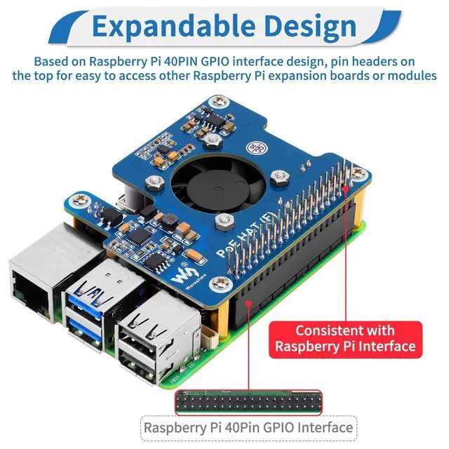 Alt view image 9 of 10 - MakerFocus PoE HAT(F) for Raspberry Pi 5, Power Over Ethernet Hats with Metal Heatsink and Active Cooling Fan, Supports IEEE 802.3af/at Network, 5V/12V Power Output and SMPS