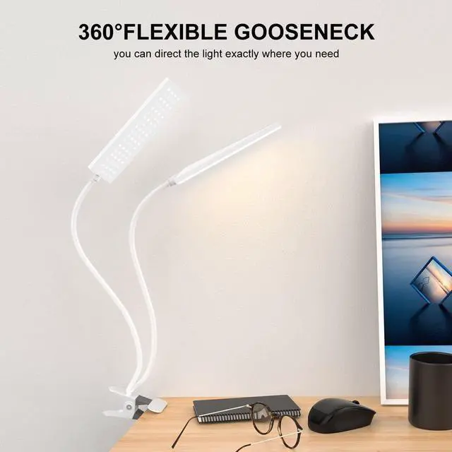Alt view image 9 of 14 - Vansuny Clip on Light LED Desk Lamp with Eye-Caring LED Light and Metal Clip, 11 Level Brightness 3 Color Modes, Power by USB Port 5W Flexible Gooseneck Reading Light for Home and Office (5W, White)