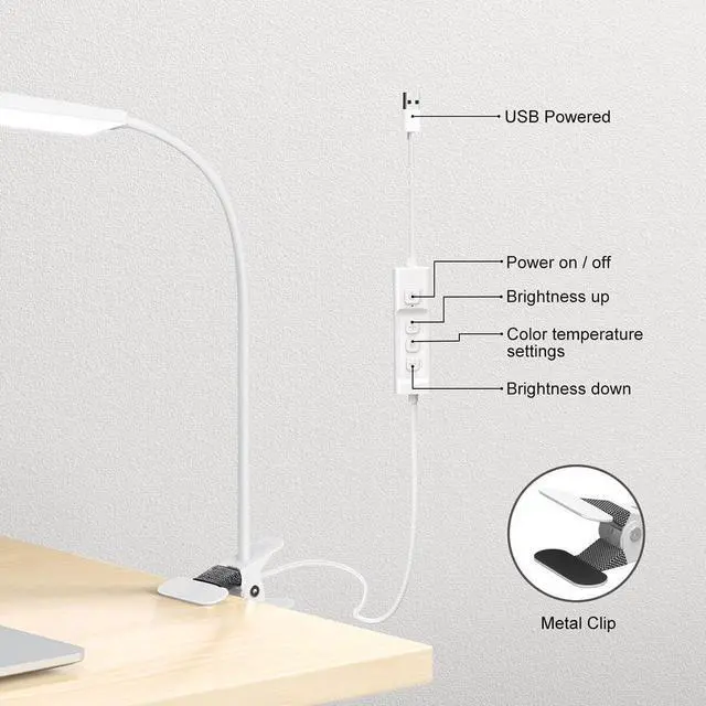 Alt view image 12 of 14 - Vansuny Clip on Light LED Desk Lamp with Eye-Caring LED Light and Metal Clip, 11 Level Brightness 3 Color Modes, Power by USB Port 5W Flexible Gooseneck Reading Light for Home and Office (5W, White)