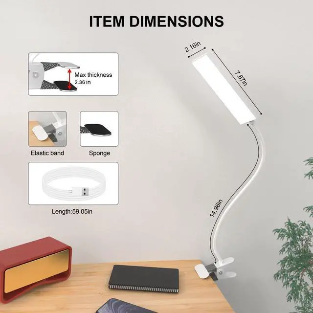 Alt view image 10 of 14 - Vansuny Clip on Light LED Desk Lamp with Eye-Caring LED Light and Metal Clip, 11 Level Brightness 3 Color Modes, Power by USB Port 5W Flexible Gooseneck Reading Light for Home and Office (5W, White)