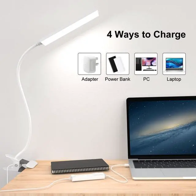 Alt view image 11 of 14 - Vansuny Clip on Light LED Desk Lamp with Eye-Caring LED Light and Metal Clip, 11 Level Brightness 3 Color Modes, Power by USB Port 5W Flexible Gooseneck Reading Light for Home and Office (5W, White)