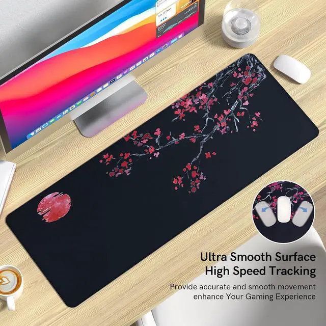 Alt view image 9 of 14 - Large Gaming Mouse Pad Big Desk Mat for Keyboard and Mouse Full Desk Pad for Office Computer Laptop PC Long Mouse Mat for Desk Black Cherry Blossom Portable Aesthetic Non Slip Waterproof Pretty