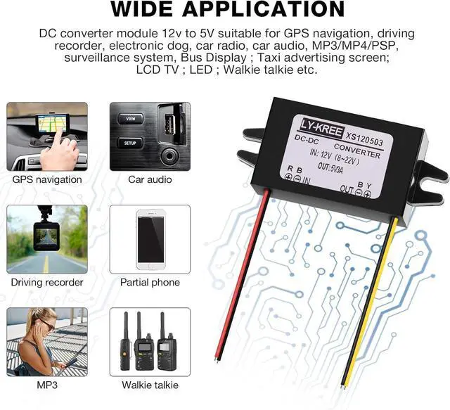 Alt view image 13 of 14 - Direct Current Converter 12V to 5V 3A 15W Buck Converter Module, Direct Current to Direct Current Reduced Voltage Regulator Car Power Converter Output Power Adapter, Wire Interface (3 Pieces)