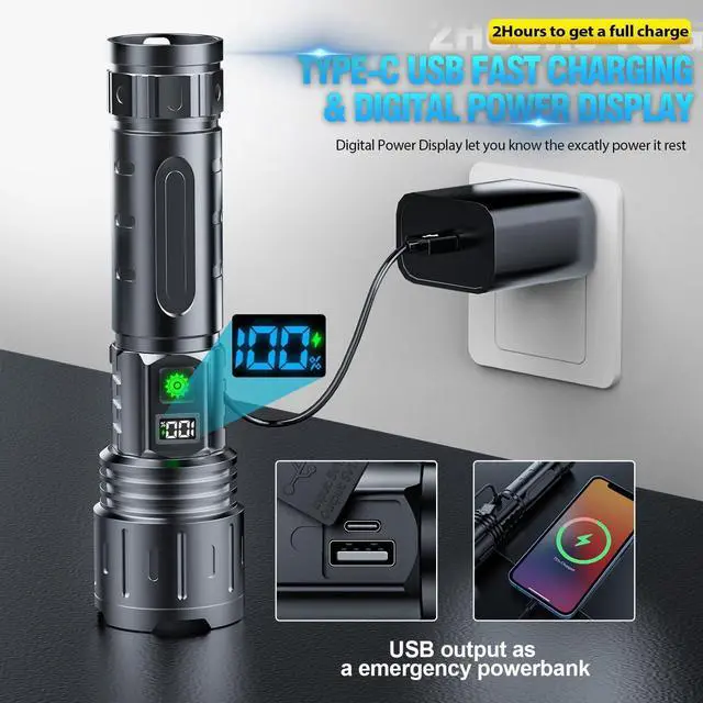 Alt view image 11 of 14 - Flashlights 20000 High Lumens Rechargeable - 20H Runtime 1500 Meters Long Beam Super Bright LED Flash Light with Power Display & IPX5 Waterproof for Camping 5 Modes Zoomable Handheld Flashlight 2pcs