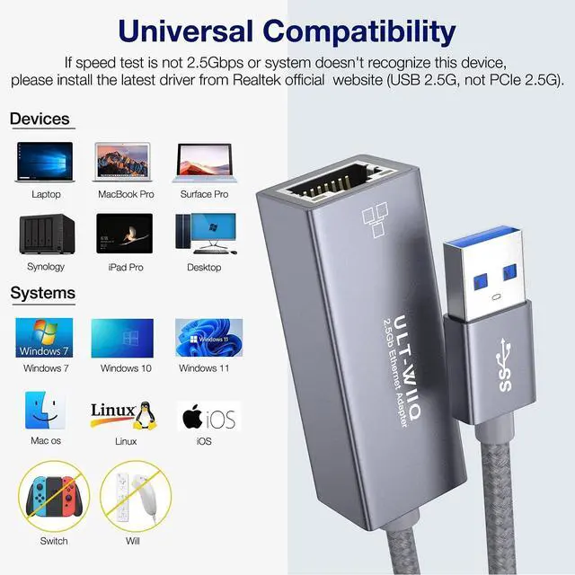 Alt view image 15 of 15 - USB 2.5Gb Ethernet Adapter, USB 3.0 to 2.5 Gigabit RJ45 LAN Network Adapter Cable, 10/100/1000/2500M Full Speed NIC for Mac OS, iOS, Windows, Linux, Dell XPS, Thinkpad X, Synology NAS, PC