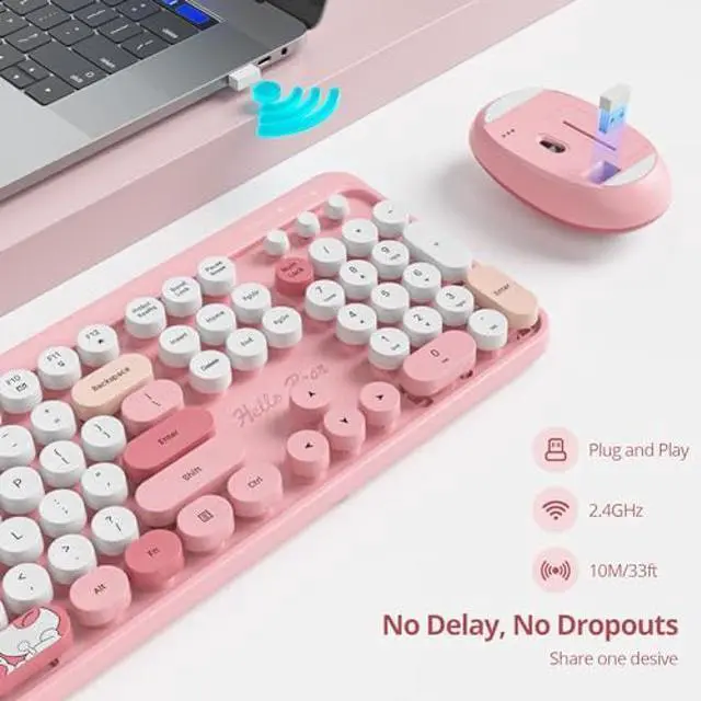 Alt view image 7 of 10 - GTSP Pink Typewriter Keyboard Wireless Mouse Combo, Cute Keyboard 2.4G Office Full-Sized Retro Keyboard with Round Keycaps for Laptop PC Desktops(Pink)