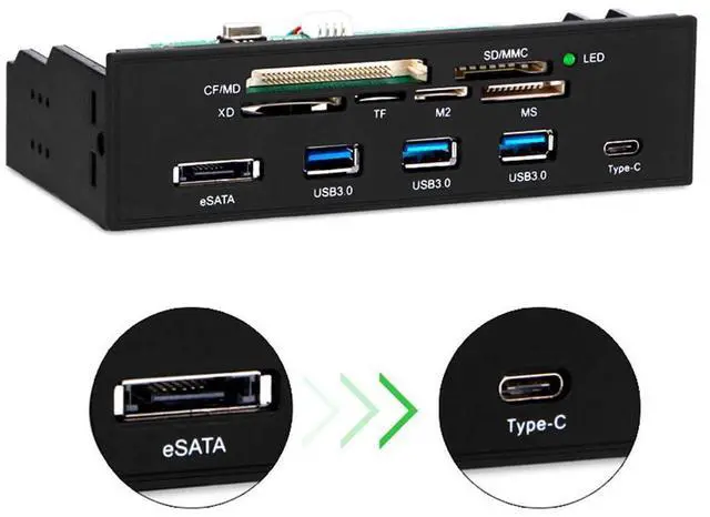 Alt view image 8 of 10 - 5.25" PC Computer Front panel USB 2.0 card reader with 3 ports USB3.0,Type-C, eSATA,MD,SD/MMC,XD,TF,M2,MS,64G CF Reader