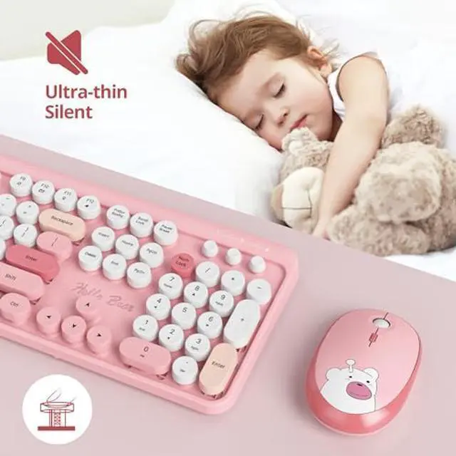 Alt view image 9 of 10 - GTSP Pink Typewriter Keyboard Wireless Mouse Combo, Cute Keyboard 2.4G Office Full-Sized Retro Keyboard with Round Keycaps for Laptop PC Desktops(Pink)