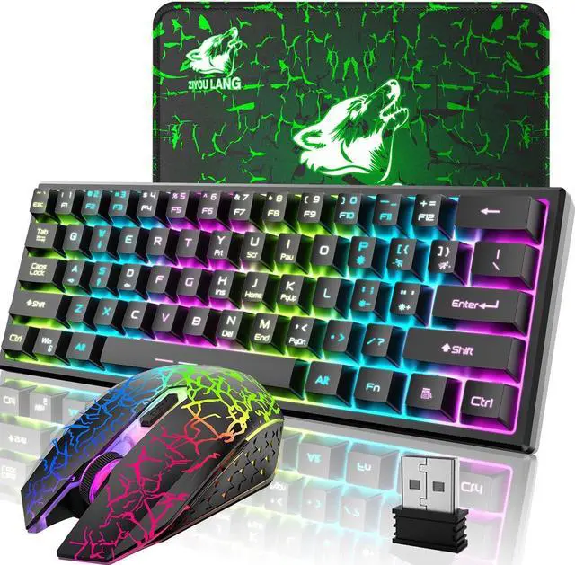 Alt view image 7 of 12 - Wireless Gaming Keyboard and Mouse Combo,61 Key Rainbow Backlit Keyboard with Rechargeable 4000mAh,Mechanical Feel,Ergonomic,Quiet,RGB Mute Mice and Mousepad for PS4,Xbox One,Desktop,PC