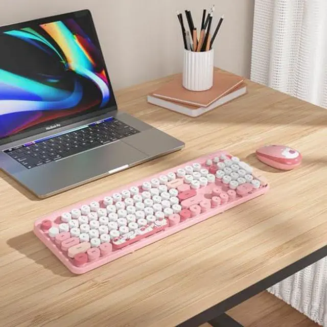 Alt view image 10 of 10 - GTSP Pink Typewriter Keyboard Wireless Mouse Combo, Cute Keyboard 2.4G Office Full-Sized Retro Keyboard with Round Keycaps for Laptop PC Desktops(Pink)