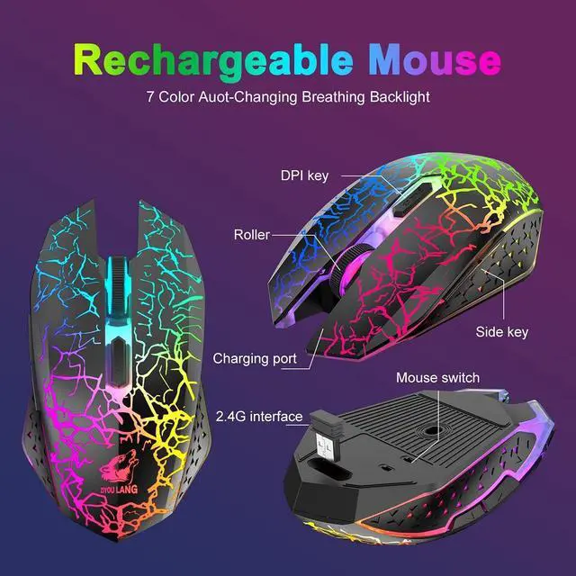Alt view image 9 of 12 - Wireless Gaming Keyboard and Mouse Combo,61 Key Rainbow Backlit Keyboard with Rechargeable 4000mAh,Mechanical Feel,Ergonomic,Quiet,RGB Mute Mice and Mousepad for PS4,Xbox One,Desktop,PC