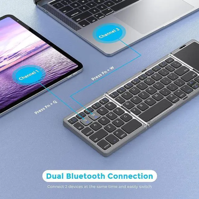 Alt view image 9 of 14 - Foldable Bluetooth Keyboard for Travel Tri-Folding Wireless Portable Keyboard with Touchpad Rechargeable Multi-Device Small Keyboard for Laptop Tablet PC Smartphone Windows iOS Android
