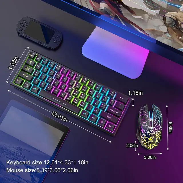 Alt view image 11 of 12 - Wireless Gaming Keyboard and Mouse Combo,61 Key Rainbow Backlit Keyboard with Rechargeable 4000mAh,Mechanical Feel,Ergonomic,Quiet,RGB Mute Mice and Mousepad for PS4,Xbox One,Desktop,PC