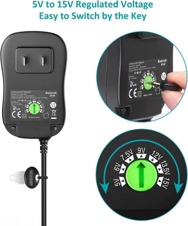 Alt view image 4 of 7 - Basicvolt Universal Power Supply 5V 6V 7.5V 9V 12V 13.5V 15V 3A 2.5A AC DC Power Adapter 45W Wall Charger with 5V 2A USB Plug for Electronics 2.5A 2500mA 3000mA 3Amp Max with 12pcs Adaptor Tips