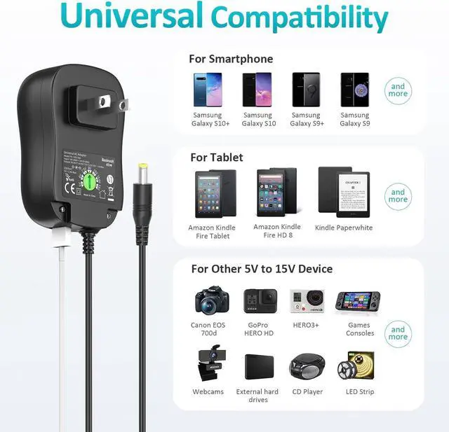 Alt view image 3 of 7 - Basicvolt Universal Power Supply 5V 6V 7.5V 9V 12V 13.5V 15V 3A 2.5A AC DC Power Adapter 45W Wall Charger with 5V 2A USB Plug for Electronics 2.5A 2500mA 3000mA 3Amp Max with 12pcs Adaptor Tips