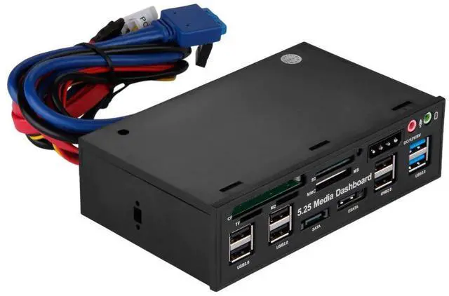 Alt view image 8 of 10 - 5.25" Media Dashboard Card Reader USB 2.0 USB 3.0 20 pin e-SATA SATA Front Panel